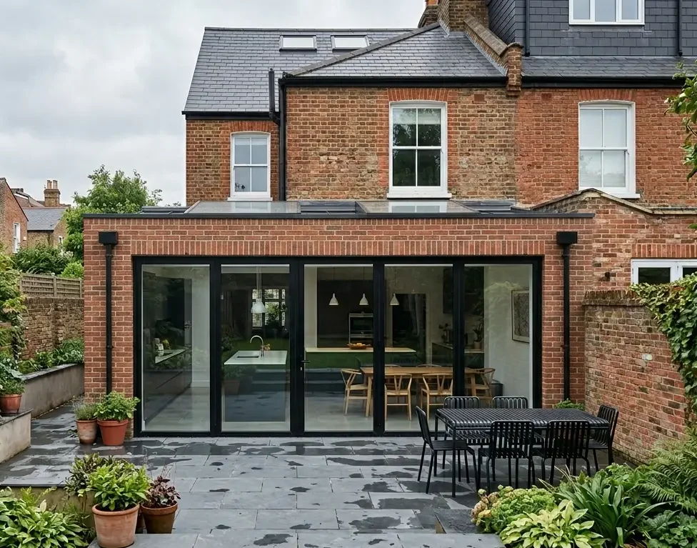 Brick house in Hulme, Manchester, with a wrap around extension featuring anthracite bi-fold doors