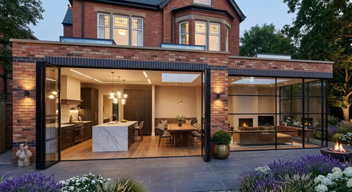 Contemporary single-storey rear extension in Altrincham. Seamless indoor-outdoor transition with dark anthracite bifold doors.