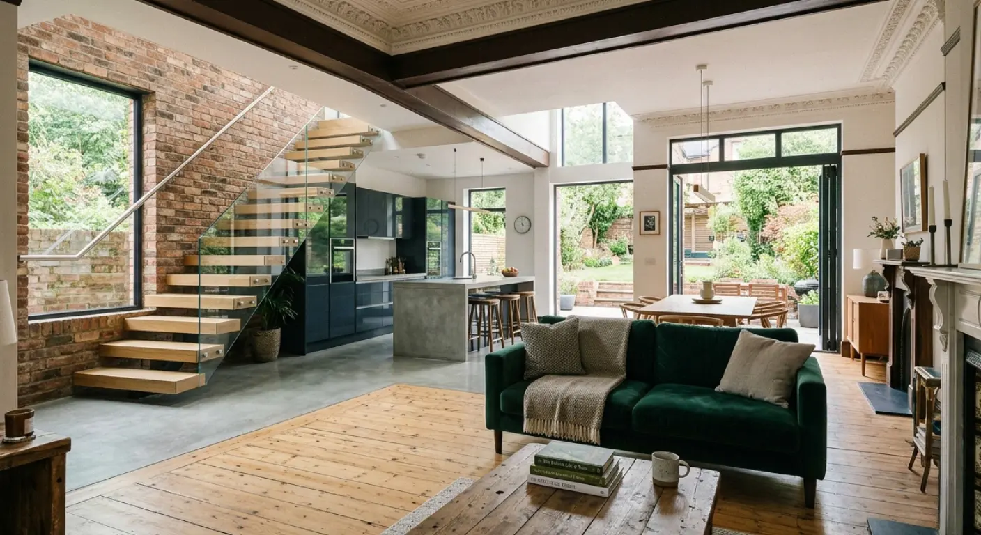 Interior view of a luxury open-plan kitchen extension and full home refurbishment in Sale. High-end finish with bespoke lighting.