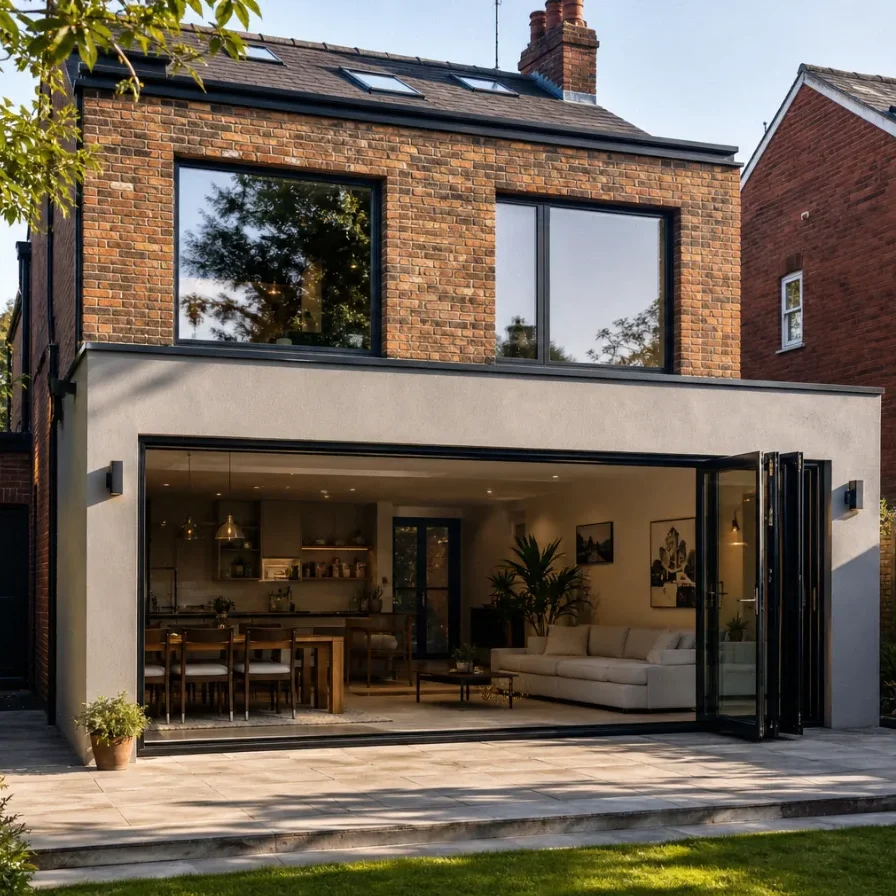 Multi-storey home extension and loft conversion in Hale, Manchester, featuring a modern ground floor wrap-around kitchen with open bifold doors.