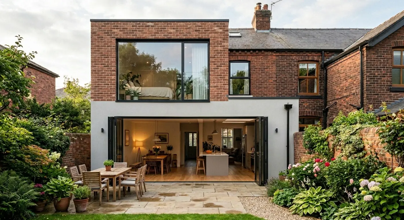 Professional multi-storey wrap-around/side-return extension in Didsbury, Manchester. Features modern white render and large architectural glazing.